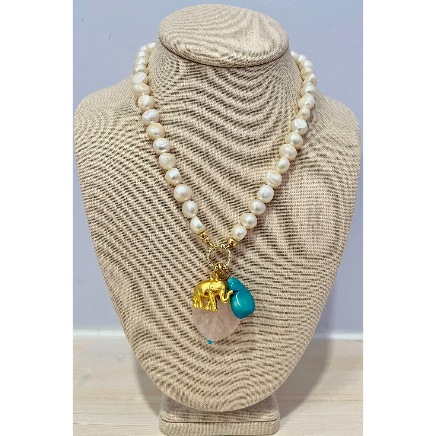 Pearl Necklace with Elephant Triple Charm