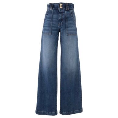 Jodi wide leg jeans with finished hem patch pockets and double button waist.